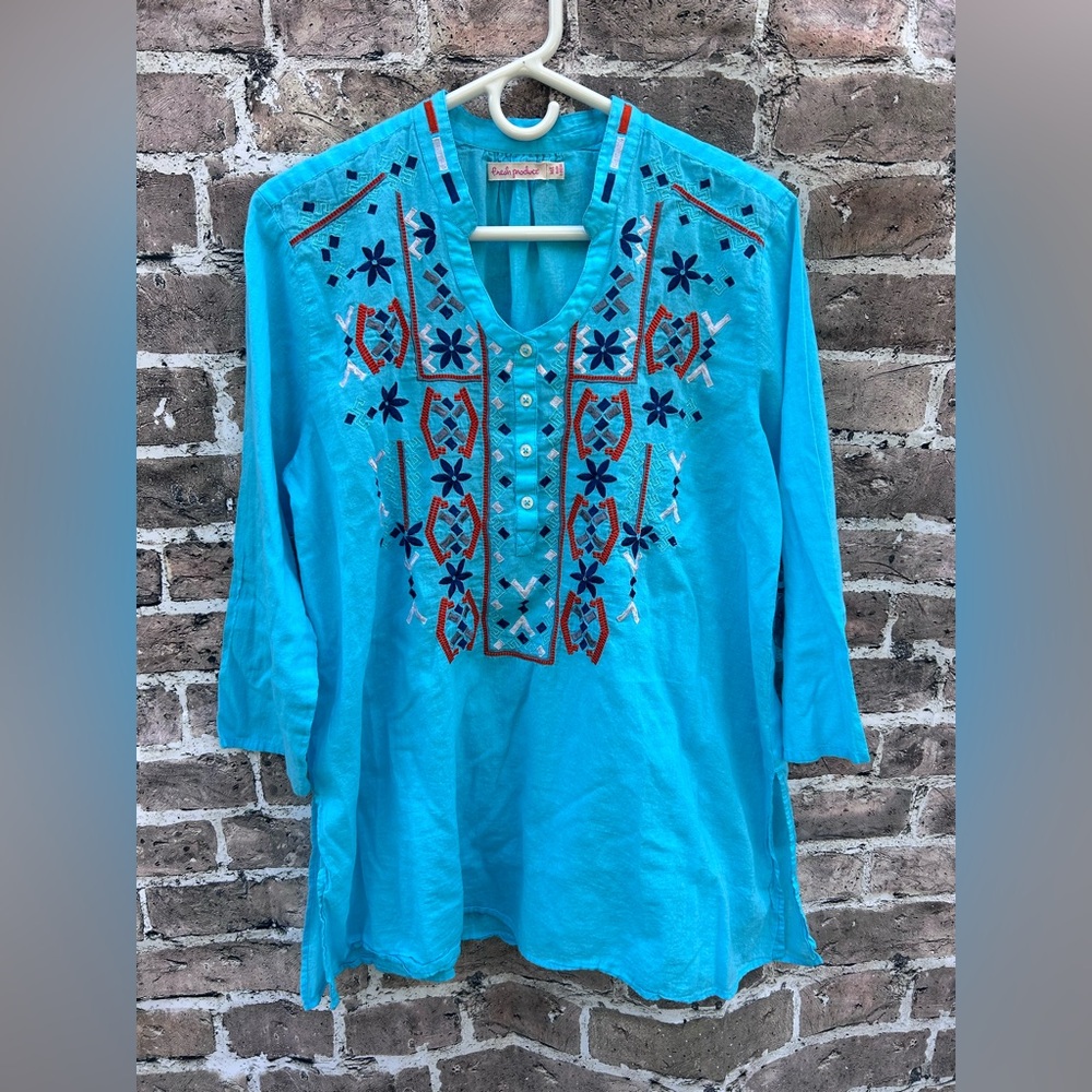 Fresh Produce M/L Turquoise Embroidered Tunic festival southwestern blouse